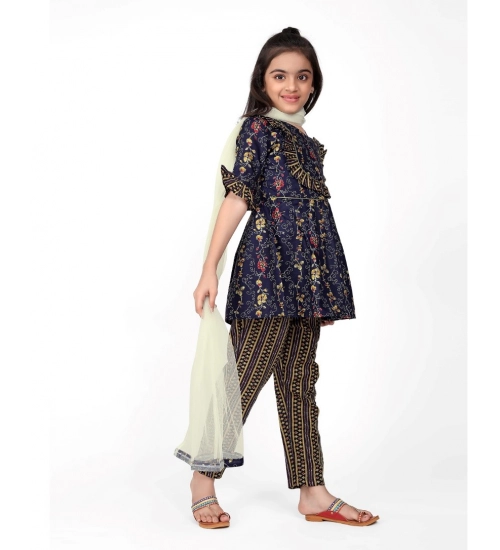 Girl's Cotton Printed Kurti With Bottom Dupatta Set (Dark Blue)