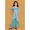 Dropship Girl's Silk Blend Floral Prinded Shiffli Lace Top Sharara Dupatta Set (Teal)