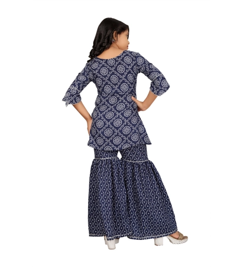 Girl's Cotton Rayon Printed Top And Sharara Set (Blue)