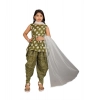Dropship Girl's Cotton Rayon Printed Top And Dhoti With Dupatta Set (Green)