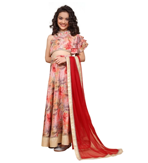 Girl's Chiffon Printed Lehenga Choli Set (Peach)