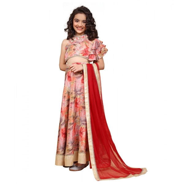 Dropship Girl's Chiffon Printed Lehenga Choli Set (Peach)