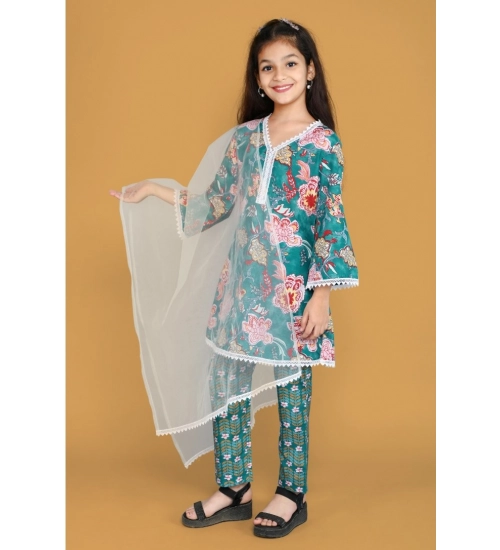 Girl's Silk Blend Floral Prinded Shiffli Lace Salwar Kameez Dupatta Set (Teal)