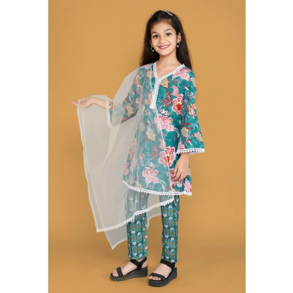 Dropship Girl's Silk Blend Floral Prinded Shiffli Lace Salwar Kameez Dupatta Set (Teal)