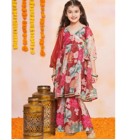 Girl's Rayon Printed Codding Lace Anarkali-Style Suit (Maroon)