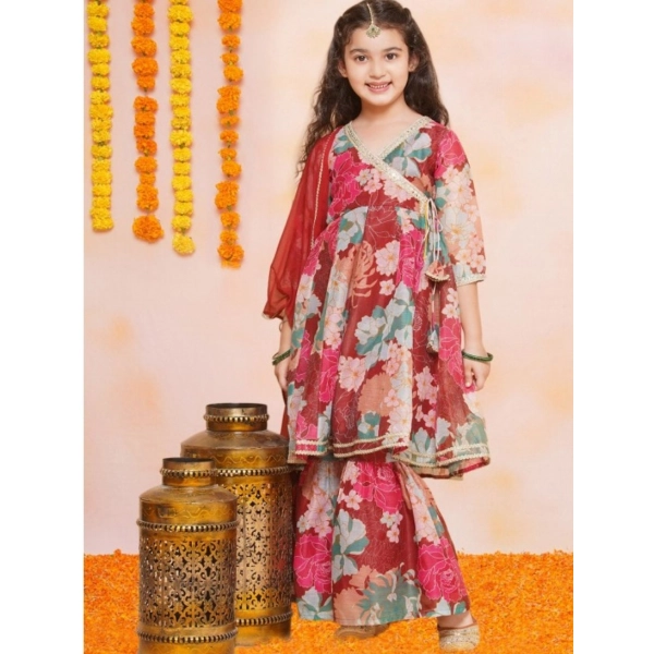 Dropship Girl's Rayon Printed Codding Lace Anarkali-Style Suit (Maroon)