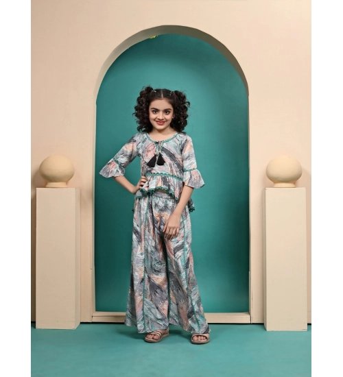 Girl's Maslin Printed Top And Plazzo Set (Multicolor)