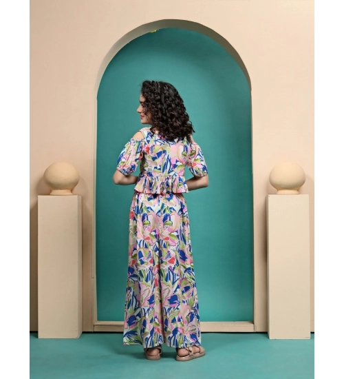 Girl's Maslin Printed Crop Top And Plazzo Set (Multicolor)