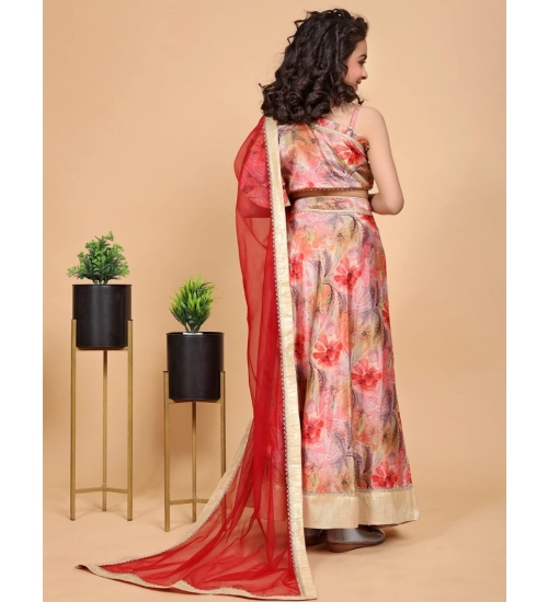 Girl's Chiffon Printed Lehenga Choli Set (Peach)