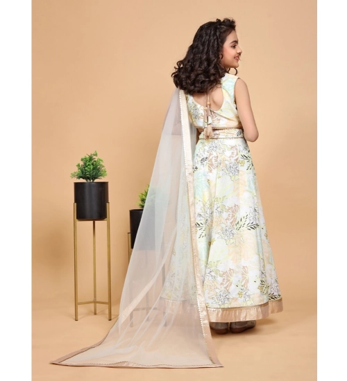 Girl's Chiffon Printed Lehenga Choli Set (Green)