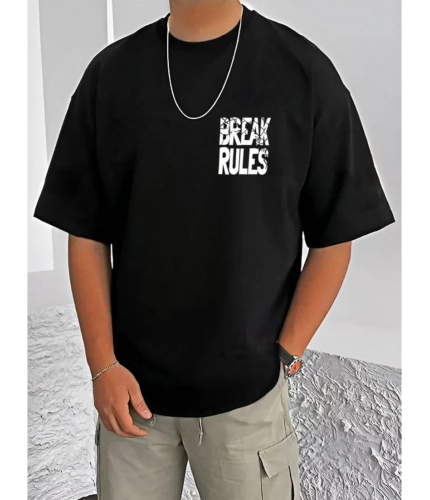 Men's Casual Cotton Blend Printed Round Neck Half Sleeve T-Shirt (Black)