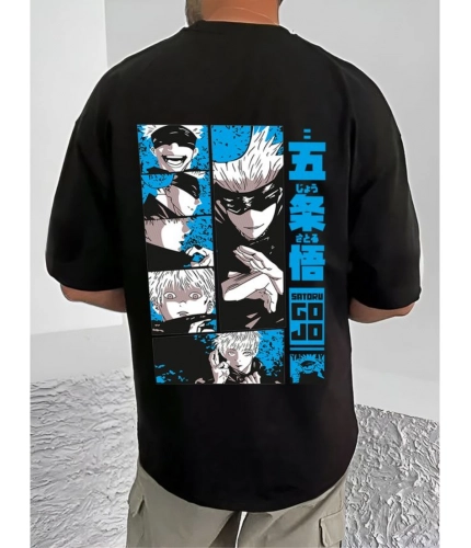 Men's Casual Cotton Blend Printed Round Neck Half Sleeve T-Shirt (Black)