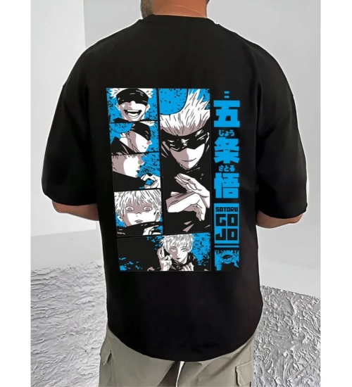 Men's Casual Cotton Blend Printed Round Neck Half Sleeve T-Shirt (Black)