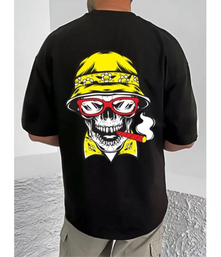 Men's Casual Cotton Blend Printed Round Neck Half Sleeve T-Shirt (Black)