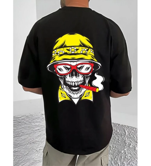 Men's Casual Cotton Blend Printed Round Neck Half Sleeve T-Shirt (Black)