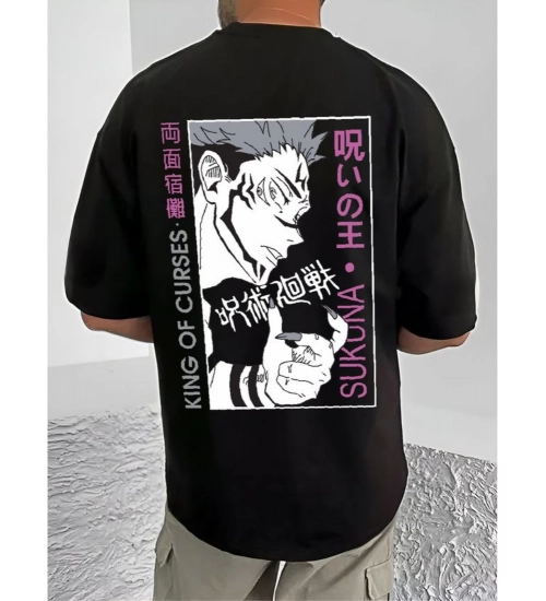 Men's Casual Cotton Blend Printed Round Neck Half Sleeve T-Shirt (Black)