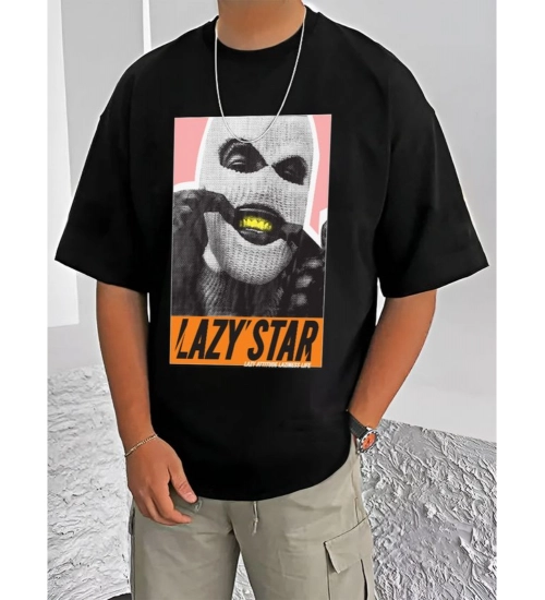 Men's Casual Cotton Blend Printed Round Neck Half Sleeve T-Shirt (Black)