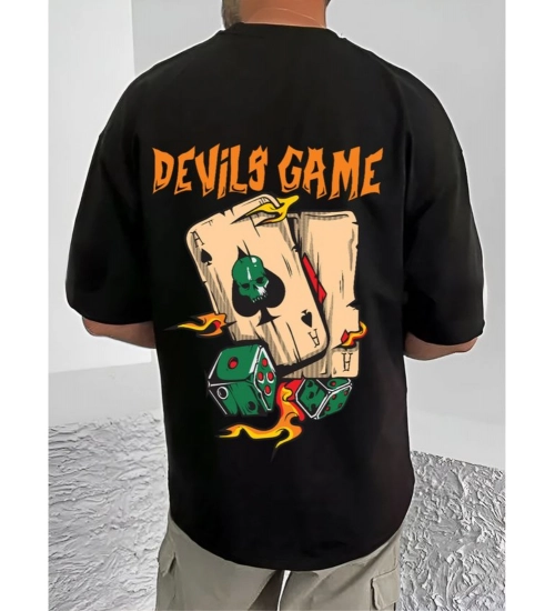 Men's Casual Cotton Blend Printed Round Neck Half Sleeve T-Shirt (Black)