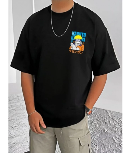 Men's Casual Cotton Blend Printed Round Neck Half Sleeve T-Shirt (Black)