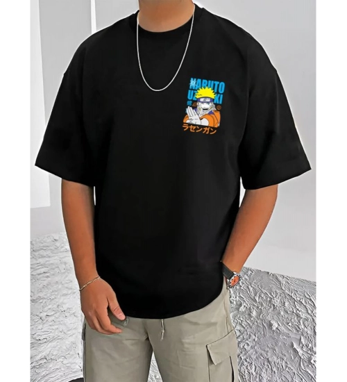 Men's Casual Cotton Blend Printed Round Neck Half Sleeve T-Shirt (Black)