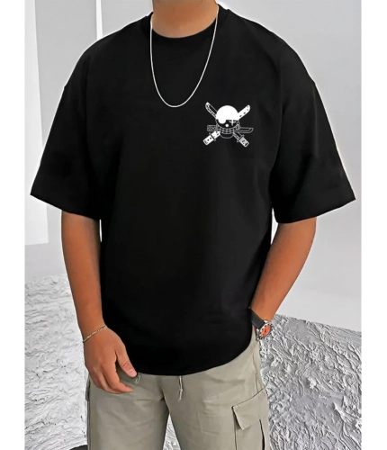 Men's Casual Cotton Blend Printed Round Neck Half Sleeve T-Shirt (Black)