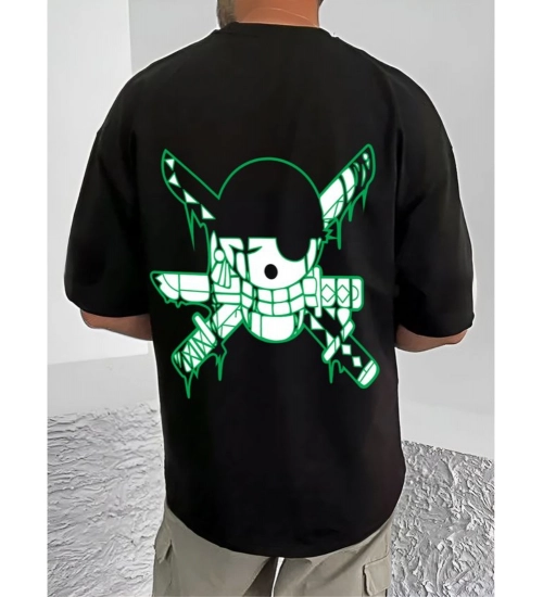 Men's Casual Cotton Blend Printed Round Neck Half Sleeve T-Shirt (Black)