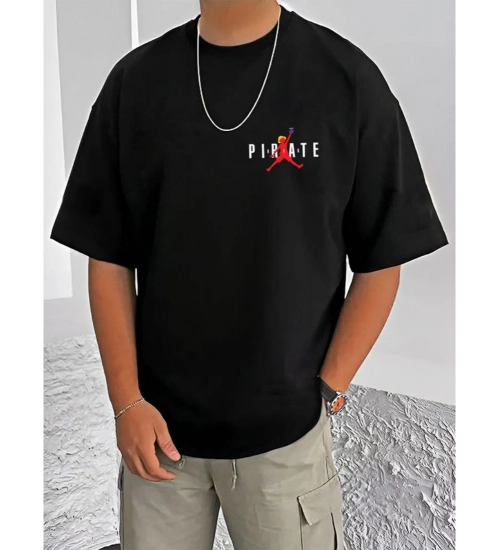 Men's Casual Cotton Blend Printed Round Neck Half Sleeve T-Shirt (Black)