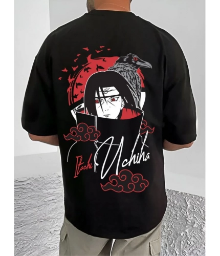 Men's Casual Cotton Blend Printed Round Neck Half Sleeve T-Shirt (Black)