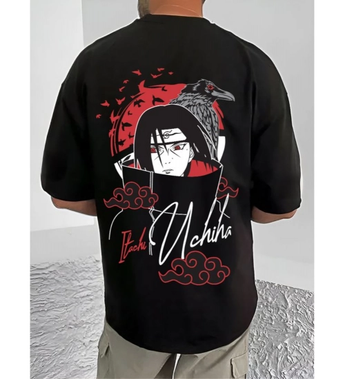 Men's Casual Cotton Blend Printed Round Neck Half Sleeve T-Shirt (Black)