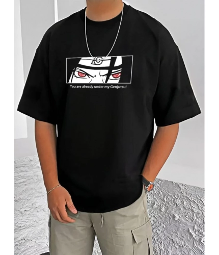 Men's Casual Cotton Blend Printed Round Neck Half Sleeve T-Shirt (Black)