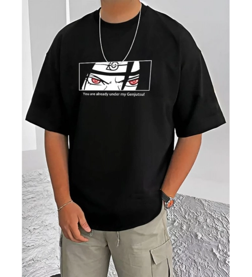 Men's Casual Cotton Blend Printed Round Neck Half Sleeve T-Shirt (Black)