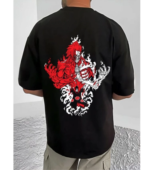 Men's Casual Cotton Blend Printed Round Neck Half Sleeve T-Shirt (Black)