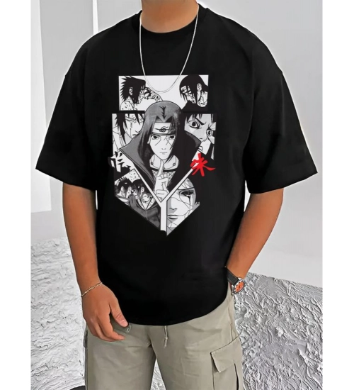 Men's Casual Cotton Blend Printed Round Neck Half Sleeve T-Shirt (Black)