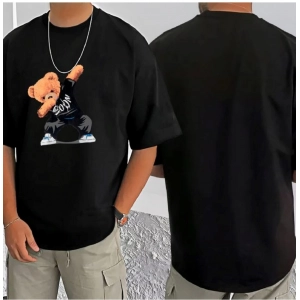 Generic Men's Casual Cotton Blend Printed Round Neck Half Sleeve T-Shirt (Black)