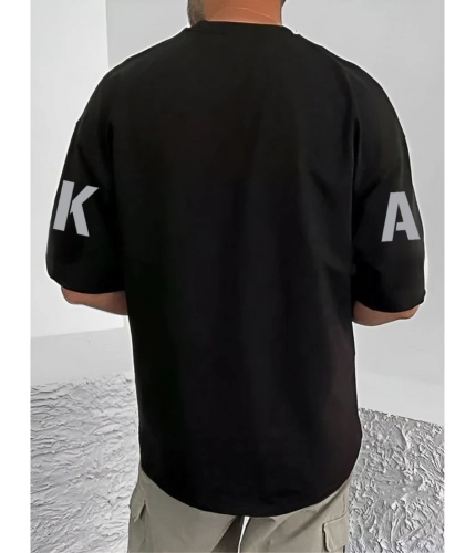 Men's Casual Cotton Blend Printed Round Neck Half Sleeve T-Shirt (Black)