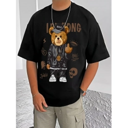 Men's Casual Cotton Blend Printed Round Neck Half Sleeve T-Shirt (Black)