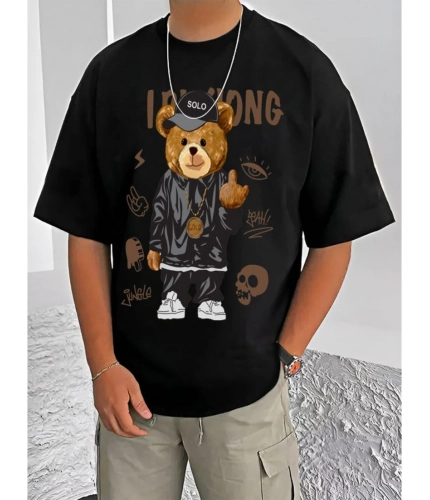 Men's Casual Cotton Blend Printed Round Neck Half Sleeve T-Shirt (Black)