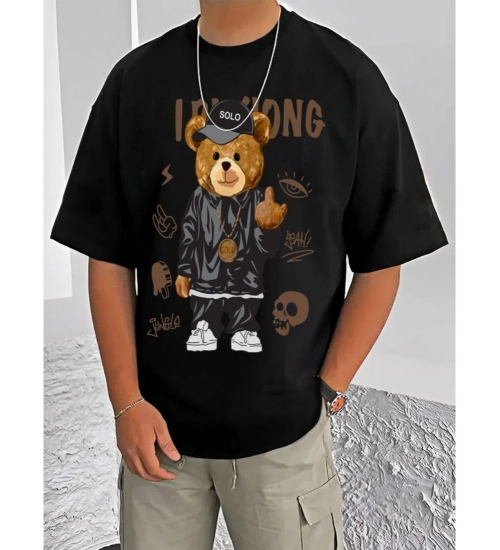 Men's Casual Cotton Blend Printed Round Neck Half Sleeve T-Shirt (Black)