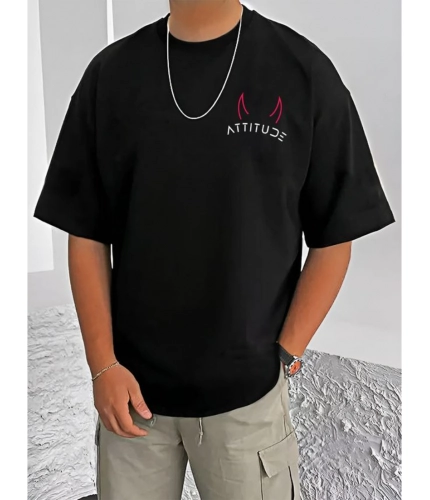 Men's Casual Cotton Blend Printed Round Neck Half Sleeve T-Shirt (Black)