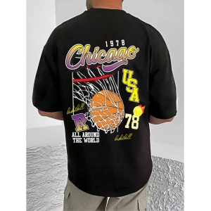 Generic Men's Casual Cotton Blend Printed Round Neck Half Sleeve T-Shirt (Black)