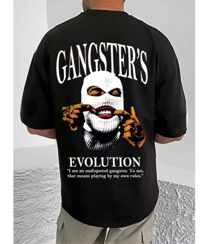 Men's Casual Cotton Blend Printed Round Neck Half Sleeve T-Shirt (Black)