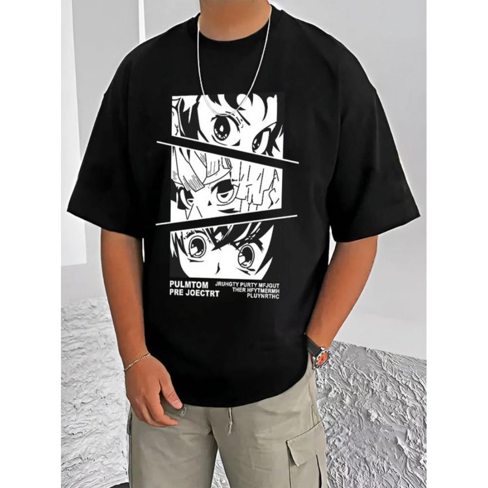 Generic Men's Casual Cotton Blend Printed Round Neck Half Sleeve T-Shirt (Black)