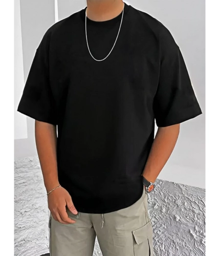 Men's Casual Cotton Blend Printed Round Neck Half Sleeve T-Shirt (Black)