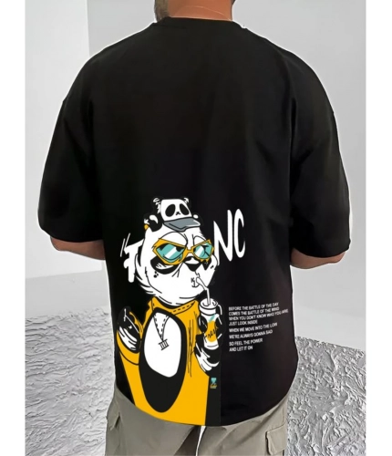 Men's Casual Cotton Blend Printed Round Neck Half Sleeve T-Shirt (Black)