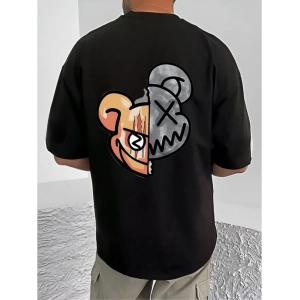 Generic Men's Casual Cotton Blend Printed Round Neck Half Sleeve T-Shirt (Black)