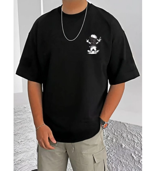 Men's Casual Cotton Blend Printed Round Neck Half Sleeve T-Shirt (Black)