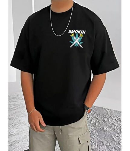 Men's Casual Cotton Blend Printed Round Neck Half Sleeve T-Shirt (Black)
