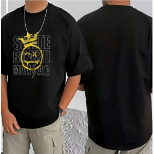Generic Men's Casual Cotton Blend Printed Round Neck Half Sleeve T-Shirt (Black)