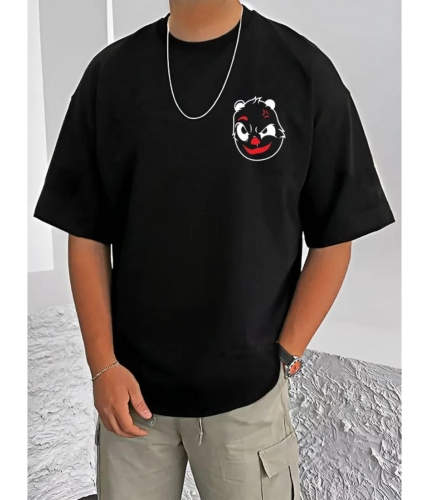Men's Casual Cotton Blend Printed Round Neck Half Sleeve T-Shirt (Black)