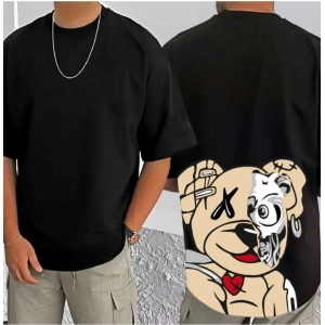 Generic Men's Casual Cotton Blend Printed Round Neck Half Sleeve T-Shirt (Black)